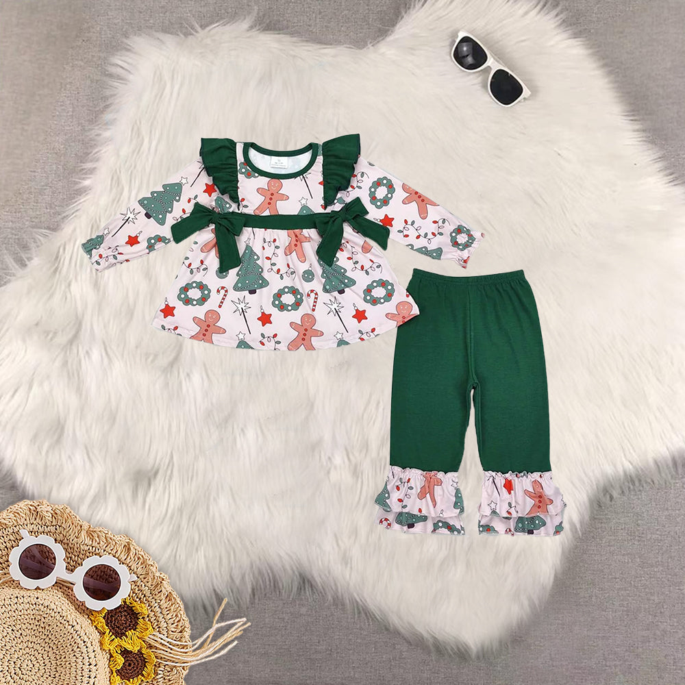 RTS NO MOQ Sibling Baby Girls Christmas trees Long Sleeve Pants Set