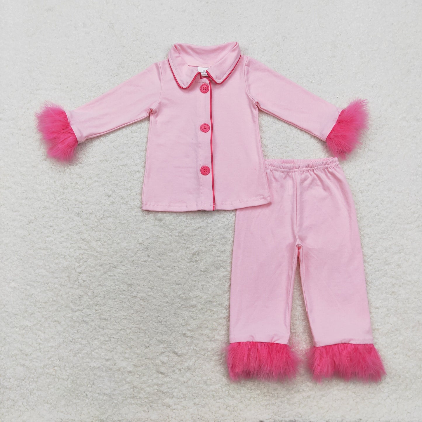 RTS NO MOQ Baby Girls and adults women Pink Plush Button Long Sleeve Long Pants Pajama Set