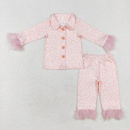 rts no moq GLP1258 Plush edge leopard print pink long-sleeved trousers pajamas set