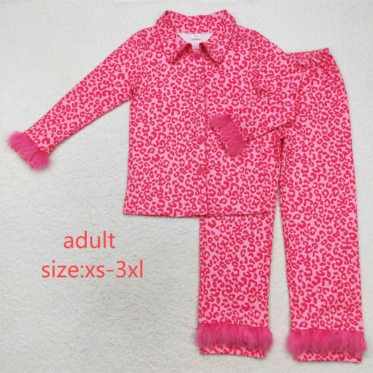 rts no moq GLP1261 adult female plush edge leopard print pink long-sleeved trousers pajamas set