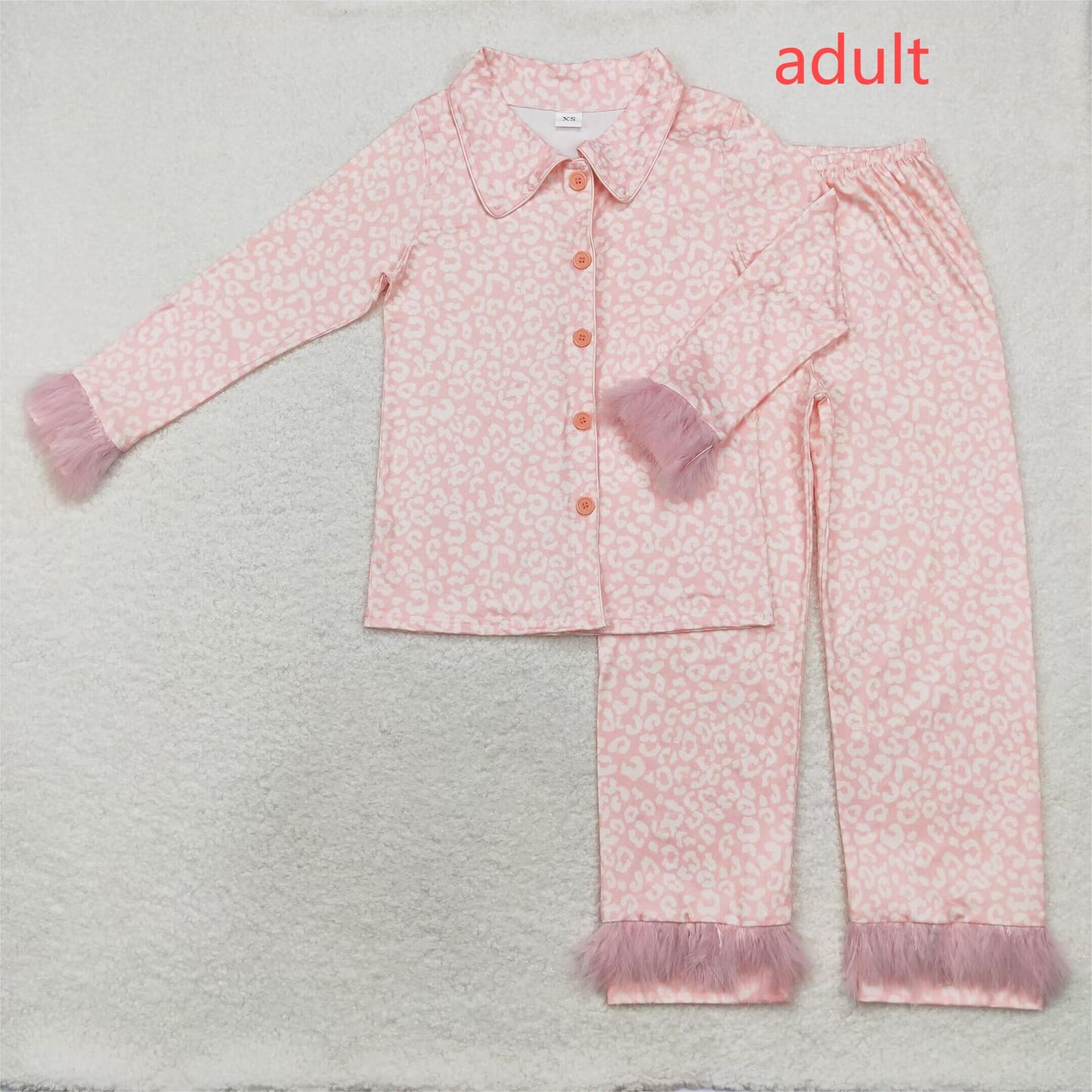 rts no moq GLP1262 Adult female plush edge leopard print pink long sleeve long pants pajama set
