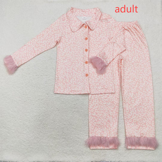 rts no moq GLP1262 Adult female plush edge leopard print pink long sleeve long pants pajama set