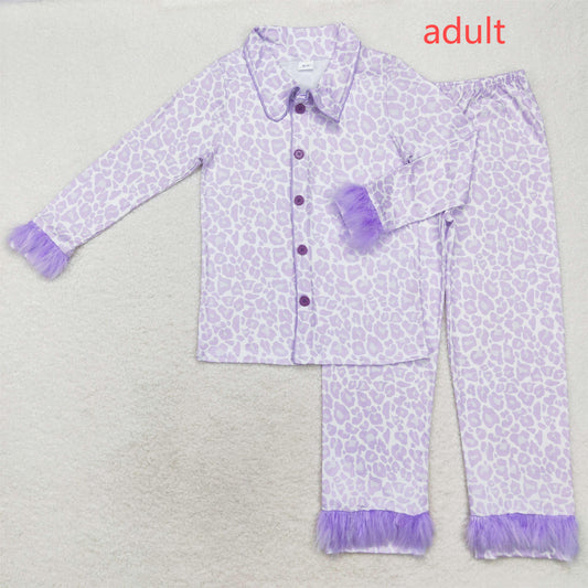 rts no moq GLP1263 Adult Female Plush Edge Leopard Print Purple Long Sleeve Pants Pajama Set