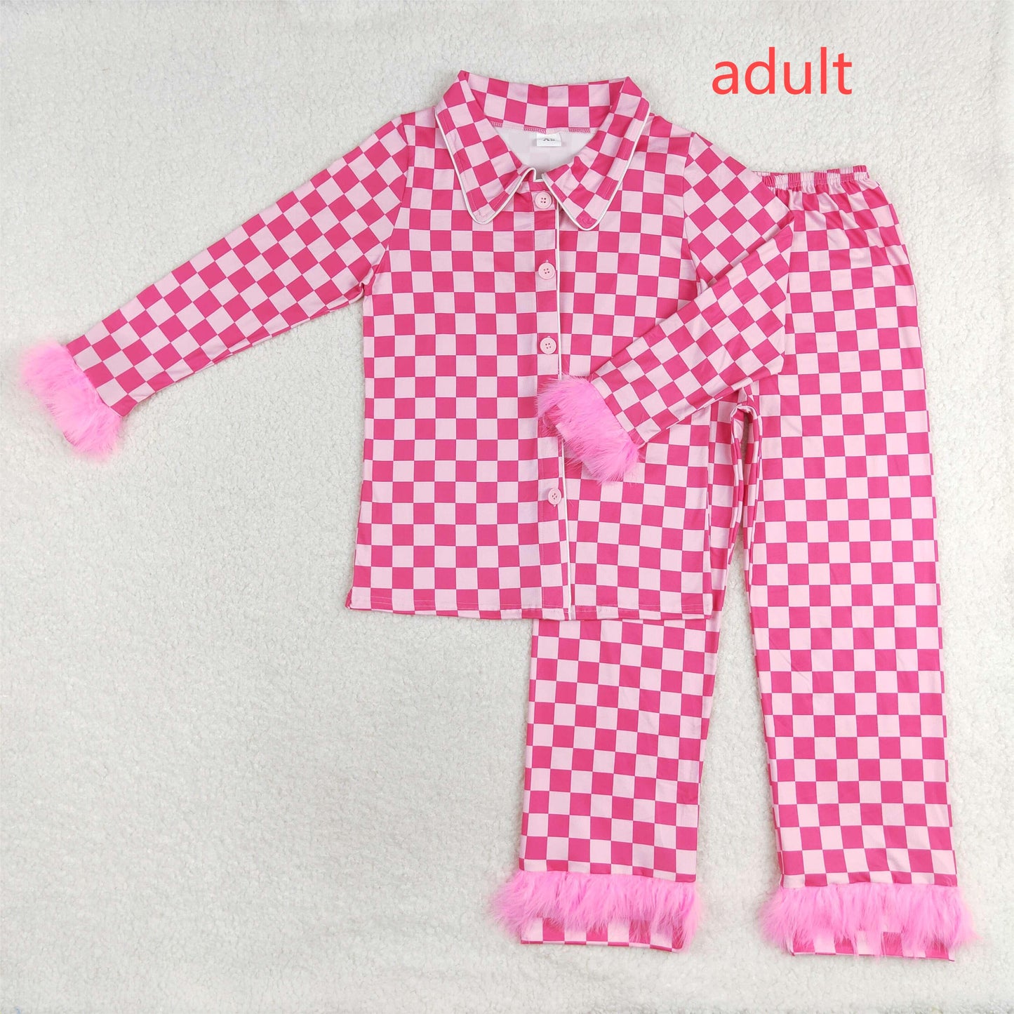 rts no moq GLP1265 Adult Female Plush Edge Rose Red Plaid Long Sleeve Long Pants Pajama Set