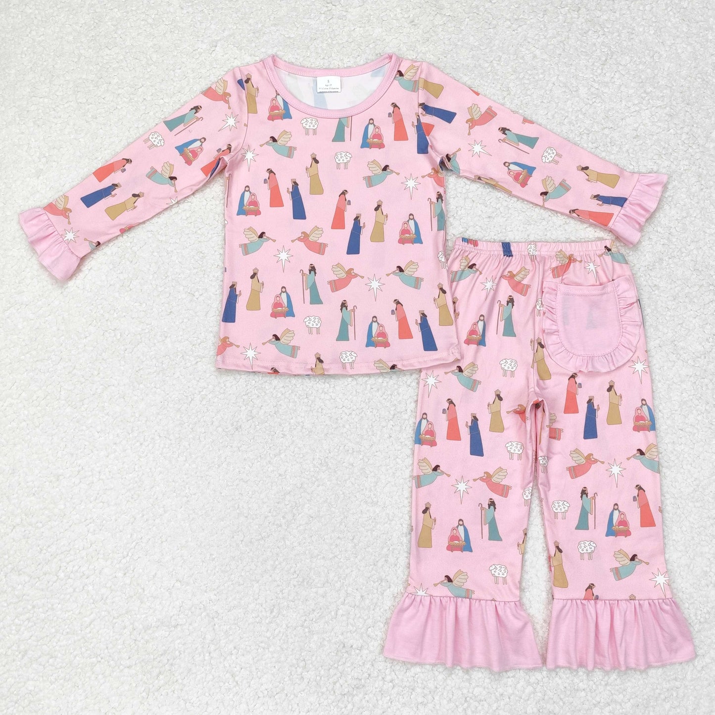 rts no moq GLP1278 Jesus lace pink long-sleeved long pants pajama set