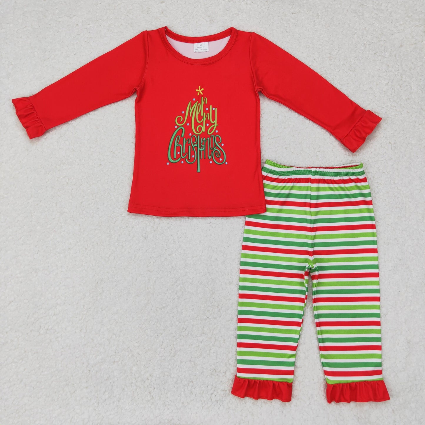 rts no moq GLP1282 merry christmas lace long sleeve red and green striped trousers pajamas set