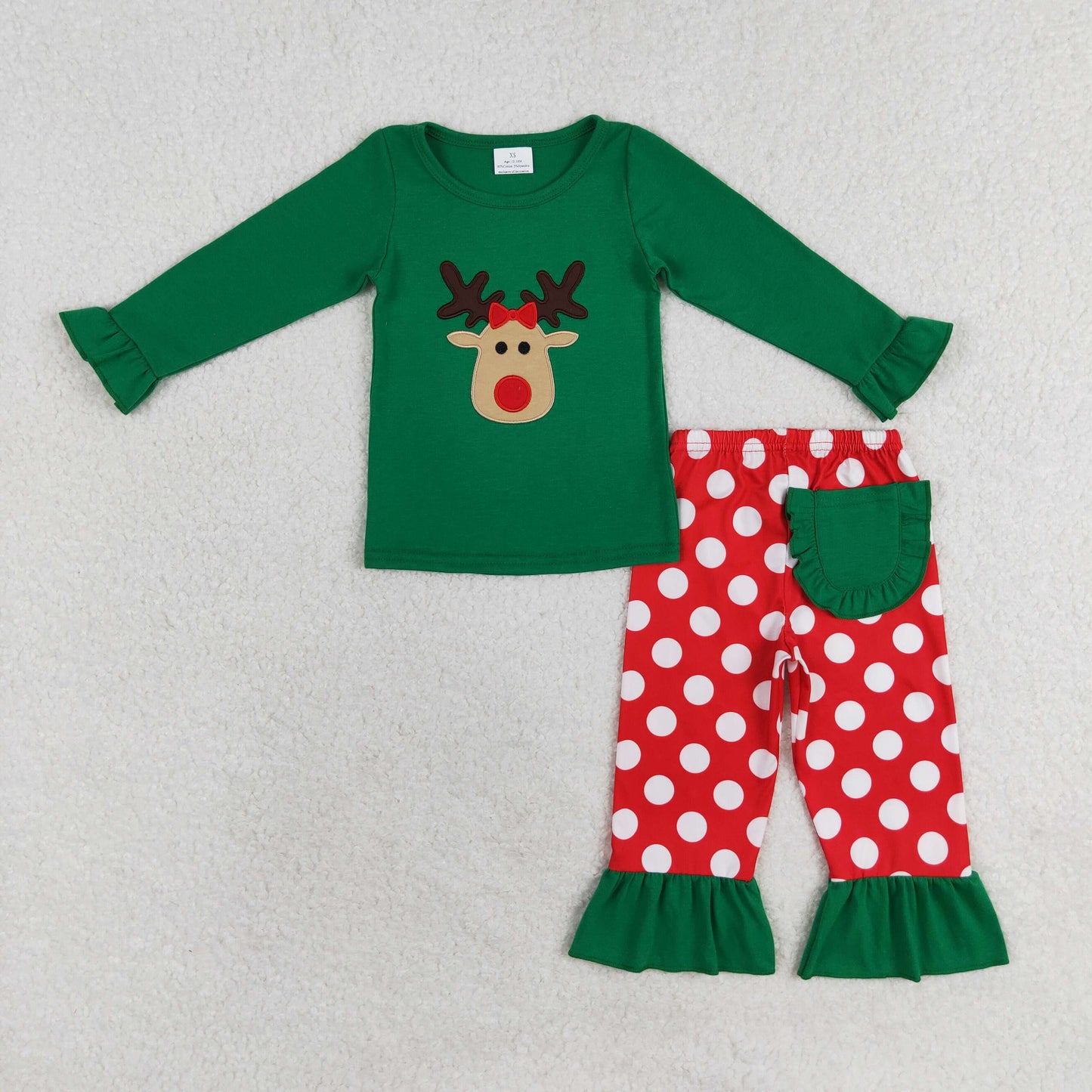 rts no moq GLP1301 Embroidered reindeer green lace long sleeve red striped trousers pajamas set