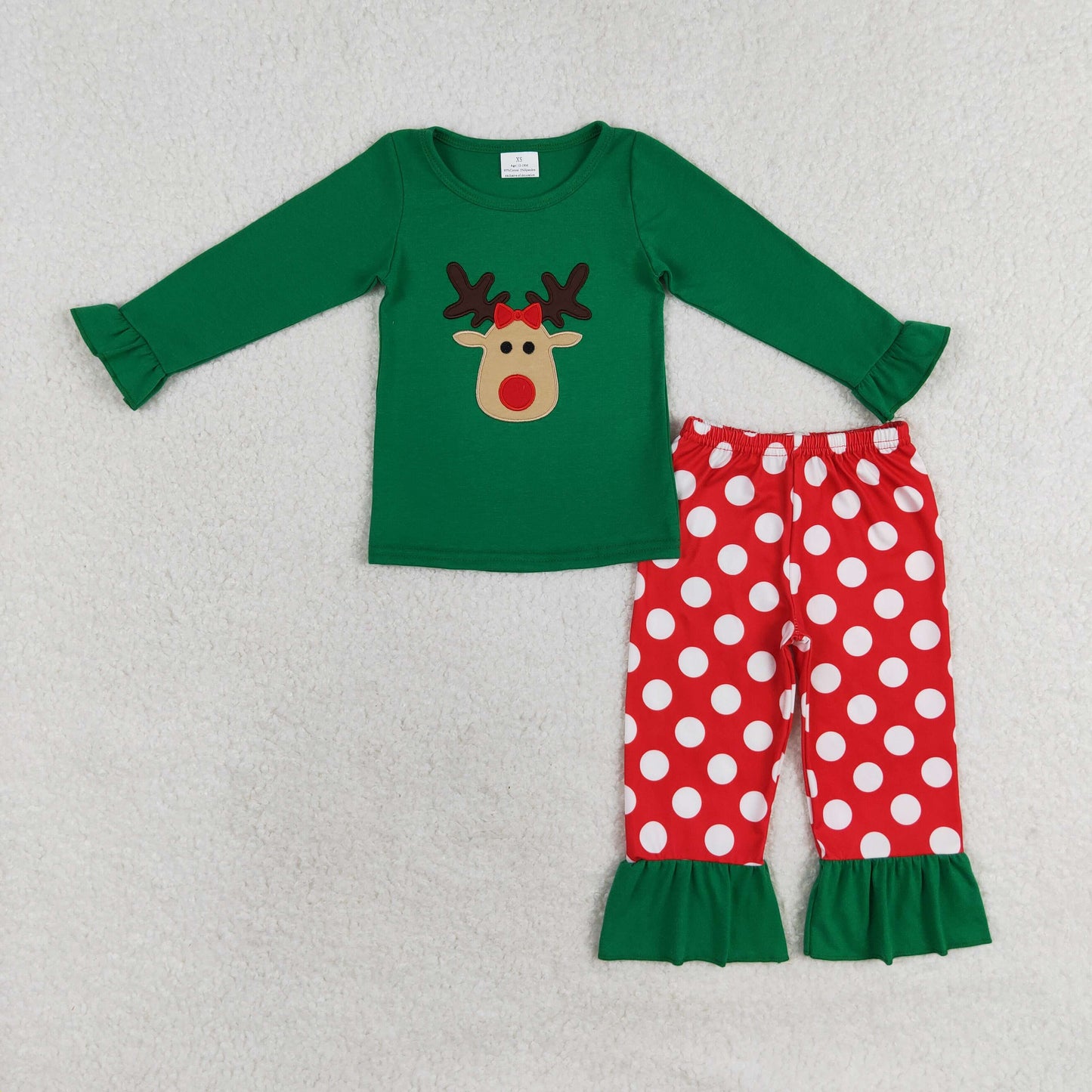 rts no moq GLP1301 Embroidered reindeer green lace long sleeve red striped trousers pajamas set