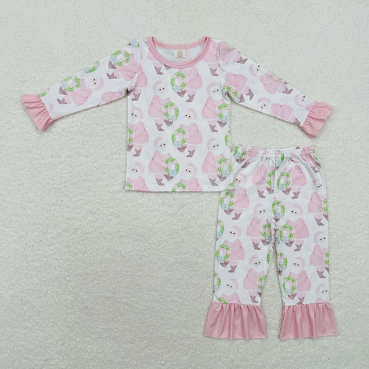 Bamboo rts no moq GLP1320 Modal pink Santa wreath long sleeve long pants pajama set