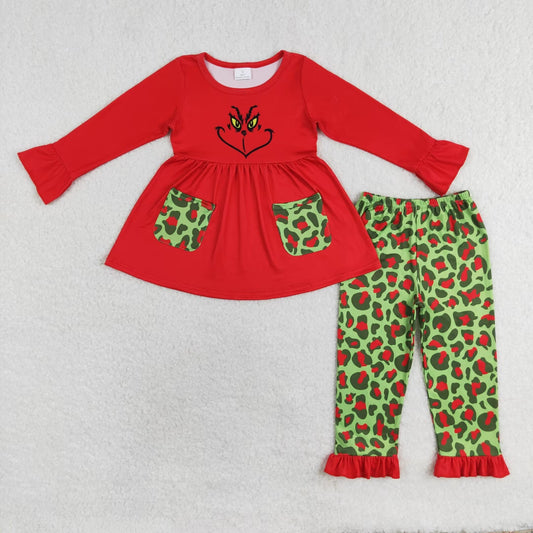 rts no moq GLP1322 grinch red lace pocket red and green leopard print long-sleeved trousers set