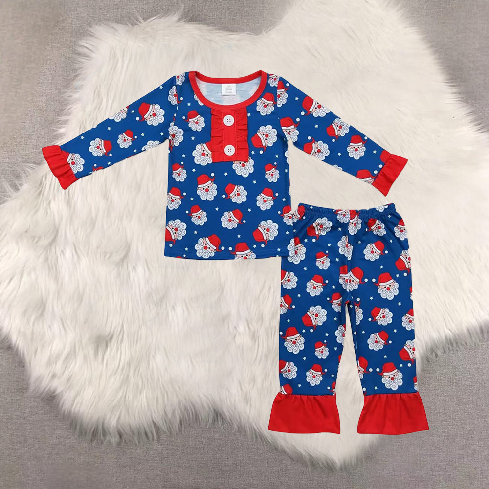 RTS NO MOQ Sibling baby girl boy clothes navy blue Christmas Santa Claus button long sleeves pants sets