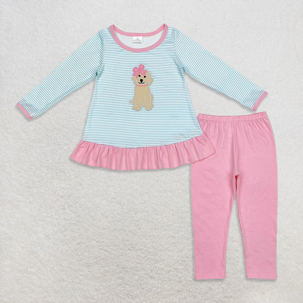 RTS NO MOQ Sibling baby girl clothes embroidery puppy long-sleeved pants suits