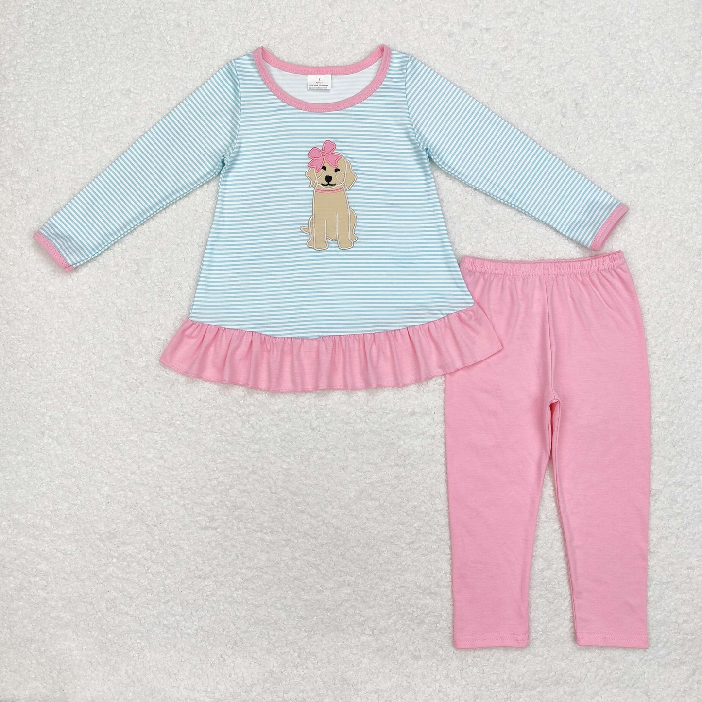 rts no moq GLP1376 Embroidered bow puppy stripe long sleeve pink trousers set