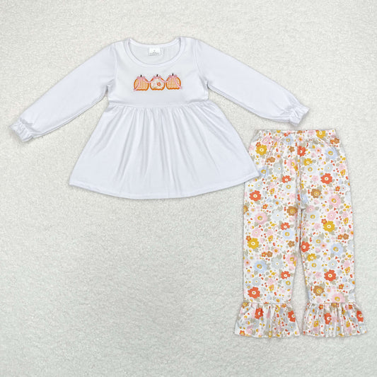 rts no moq GLP1378 Embroidered bow pumpkin white long-sleeved floral trousers set