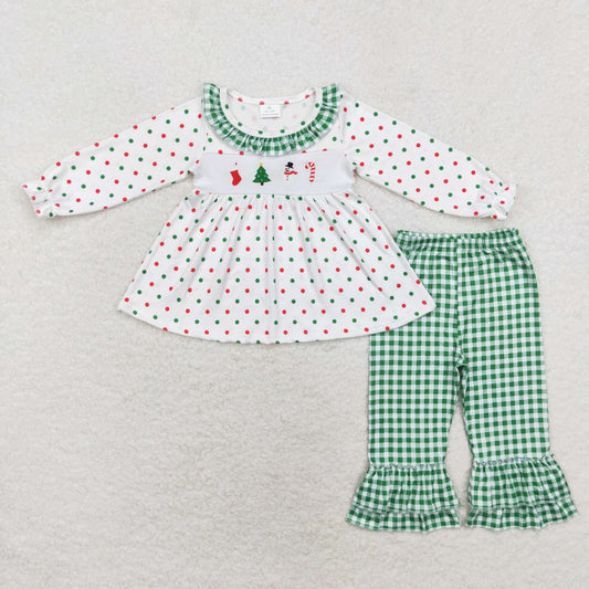 rts no moq GLP1395 Embroidered Christmas Tree Snowman Cane Polka Dot Green Plaid Lace White Long Sleeve Trousers Set