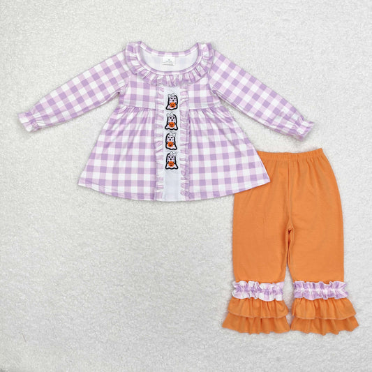 rts no moq GLP1434 Embroidered ghost pumpkin purple plaid long sleeve orange pant suit