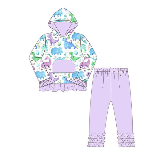 NO MOQ sales GLP1441 baby girls clothes dinosaur light purple hooded long sleeve pants sets -2024.7.18