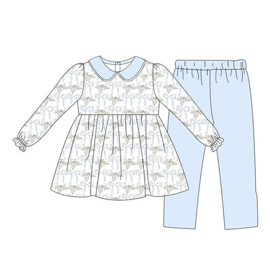 NO MOQ sales GLP1446 baby girls clothes bow light blue long sleeve pants sets -2024.7.18