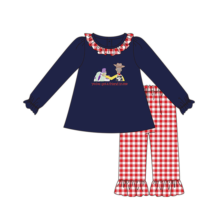 NO MOQ sales GLP1451 baby girls clothes navy blue long sleeve red grid pants sets -2024.7.19