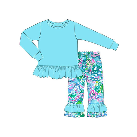 NO MOQ sales GLP1458 baby girls clothes floral pattern teal long sleeve pants sets -2024.7.20