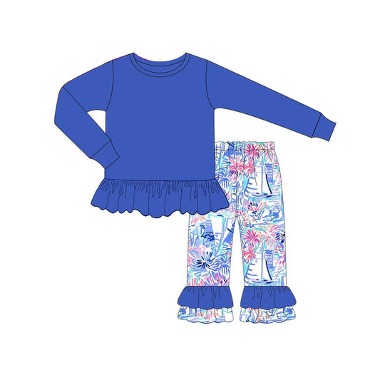 NO MOQ sales GLP1459 baby girls clothes floral pattern blue long sleeve pants sets -2024.7.20
