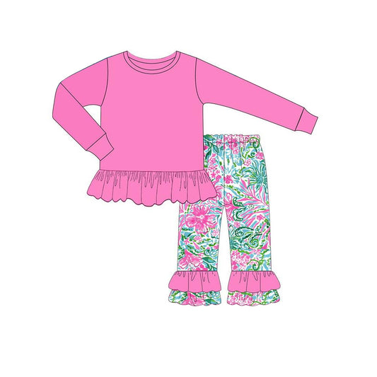 NO MOQ sales GLP1461 baby girls clothes light rose red floral long sleeve pants sets -2024.7.20