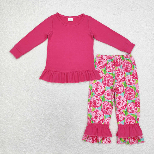 rts no moq GLP1462 Pure rose red long-sleeved floral trousers set