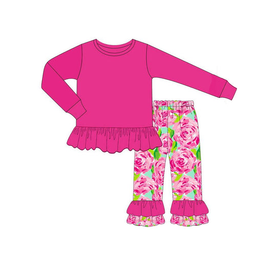 NO MOQ sales GLP1462 baby girls clothes rose red floral long sleeve pants sets -2024.7.20