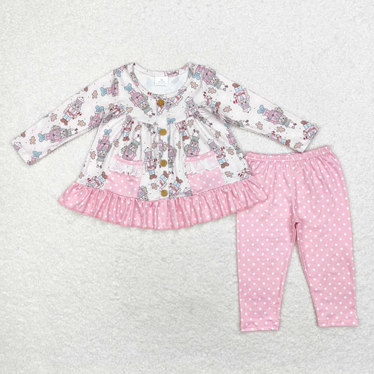 rts no moq GLP1471 Christmas nutcracker polka dot lace pocket pink long-sleeved trousers set