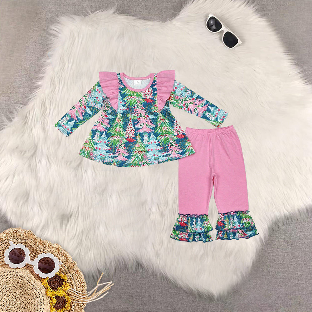 RTS NO MOQ Sibling Baby Girls Christmas trees Long Sleeve Pants Set