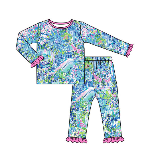 NO MOQ sales GLP1481 pre-order baby girls clothes blue pattern long sleeve pants sets -2024.7.23