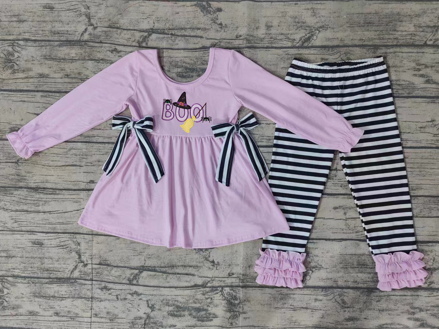 NO MOQ sales GLP1483 pre-order baby girls clothes embroidery BOO light purple long sleeve black and white striped pants sets -2024.7.23