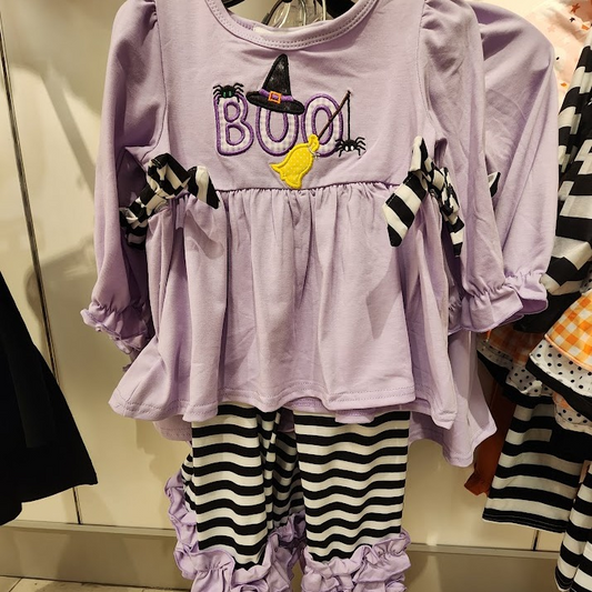 NO MOQ sales GLP1483 pre-order baby girls clothes BOO light purple long sleeve black and white striped pants sets -2024.7.23