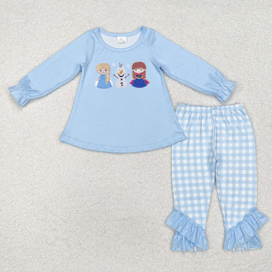 RTS NO MOQ ETA 5/7days GLP1484 Frozen princess snowman blue long sleeve plaid trousers set