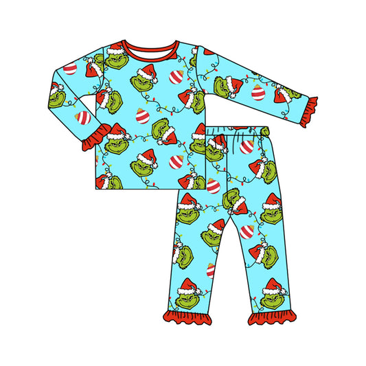 NO MOQ sales GLP1489 pre-order baby girls clothes Christmas teal long sleeve pants sets -2024.7.23