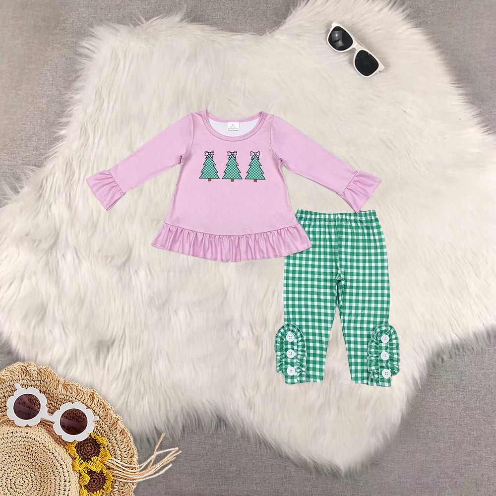 RTS NO MOQ Sibling Baby Girls Christmas trees Long Sleeve Pants Set