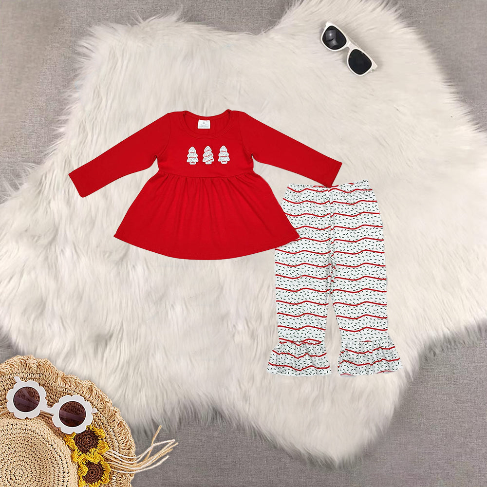 RTS NO MOQ Sibling baby girl clothes Red long-sleeved suit with wooden stripes and Christmas tree pattern