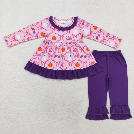 rts no moq GLP1533 boo ghost pumpkin bow pattern purple lace pink long-sleeved trousers suit