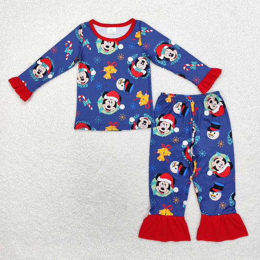 rts no moq GLP1537 Christmas Mickey lace navy blue long-sleeved trousers pajamas set