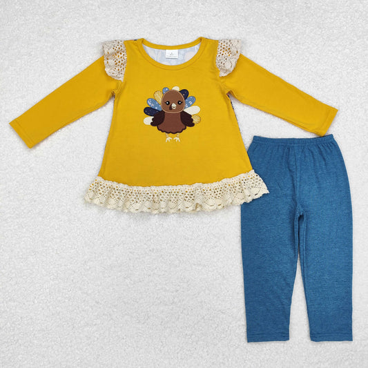 RTS NO MOQ ETA 5/7days Arrived GLP1542 Embroidered turkey lace yellow long sleeve blue trousers set