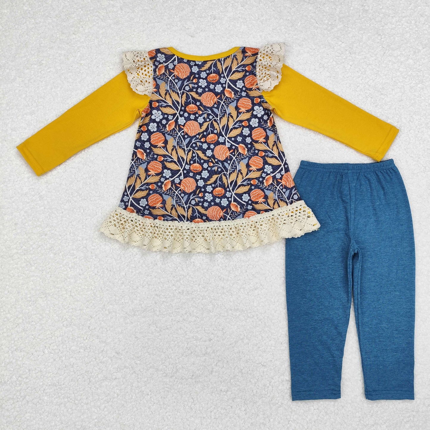 RTS NO MOQ ETA 5/7days Arrived GLP1542 Embroidered turkey lace yellow long sleeve blue trousers set