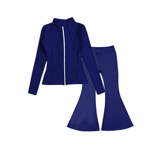 NO MOQ sales GLP1551 pre-order baby girls clothes navy blue Yoga Suit Zipper Long Sleeve Pants Set -2024.8.1