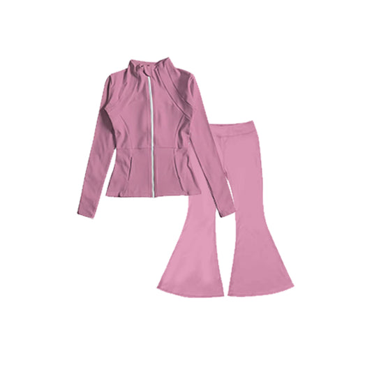 NO MOQ sales GLP1554 pre-order baby girls clothes pink Yoga Suit Zipper Long Sleeve Pants Set -2024.8.1