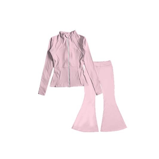 NO MOQ sales GLP1557 pre-order baby girls clothes light pink Yoga Suit Zipper Long Sleeve Pants Set -2024.8.1