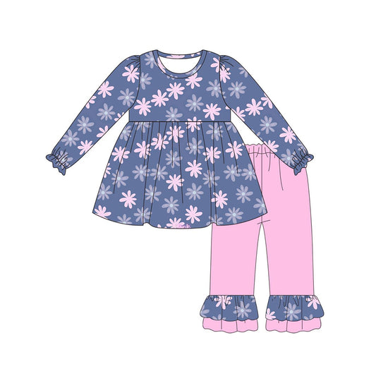 NO MOQ sales GLP1560 pre-order baby girls clothes floral navy blue long Sleeve pants Suit -2024.8.2