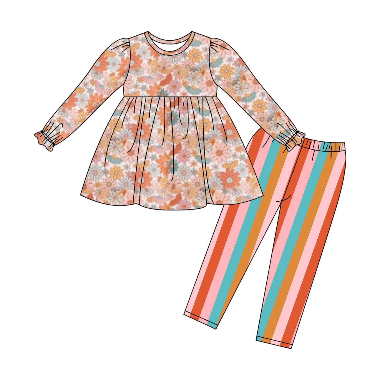 NO MOQ sales GLP1565 pre-order baby girls clothes floral colorful striped long Sleeve pants Suit -2024.8.3