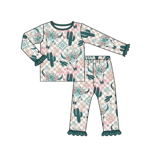 NO MOQ sales GLP1566 pre-order baby girls clothes catcus cow head green long Sleeve pants Suit -2024.8.3