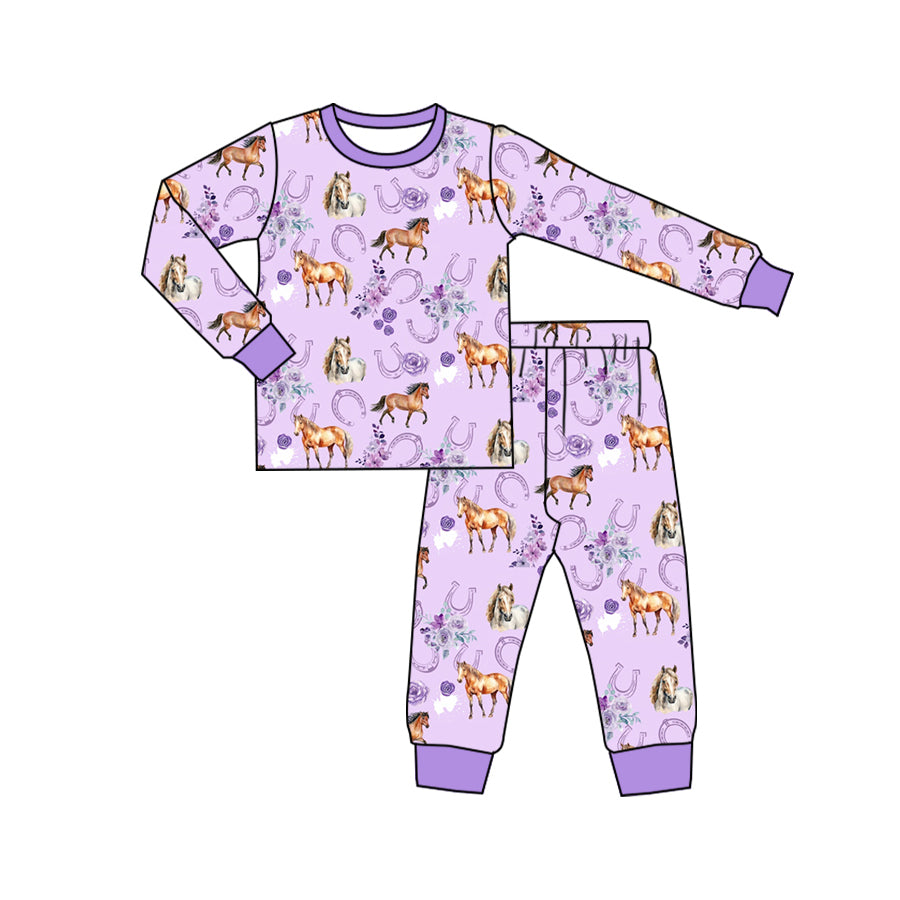 NO MOQ sales GLP1567 pre-order baby girls clothes horse floral light purple long Sleeve pants Suit -2024.8.3