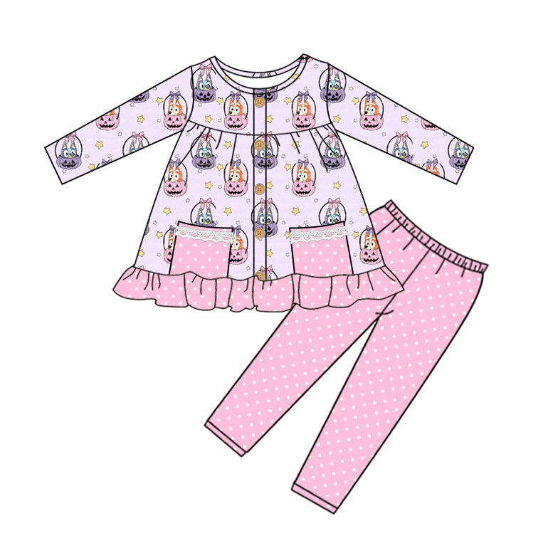 NO MOQ sales GLP1592 pre-order baby girls clothes cartoon dog pumpkin pink long Sleeve pants Suit -2024.8.6