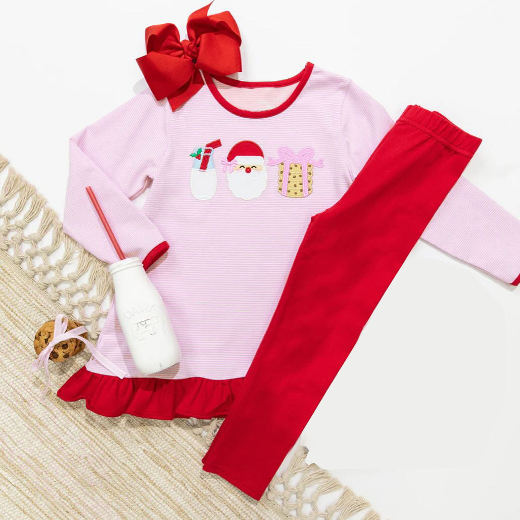 NO MOQ sales GLP1596 pre-order baby girls clothes embroidery Christmas pink long Sleeve red pants Suit